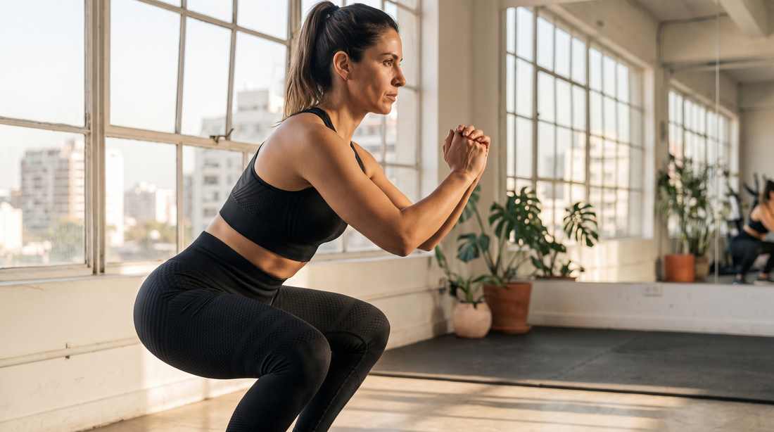 Mujer en sentadilla profunda con calzas negras opacas, test de calzas squat proof