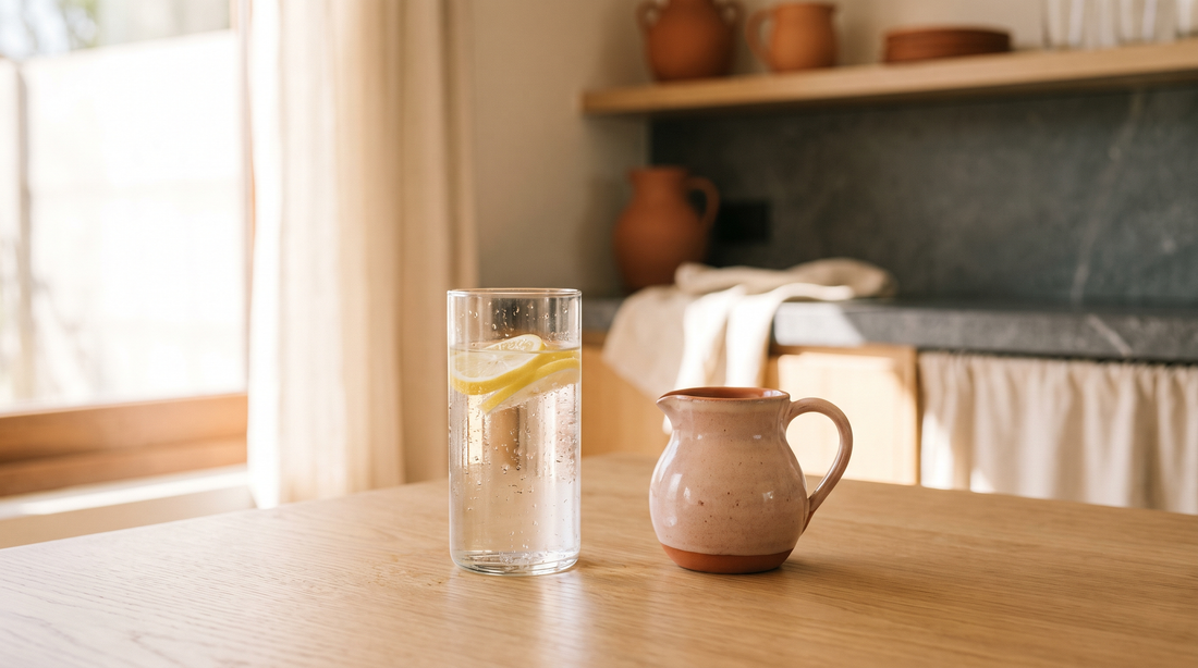 Vaso de agua con limón, artículo sobre retención de líquidos y celulitis