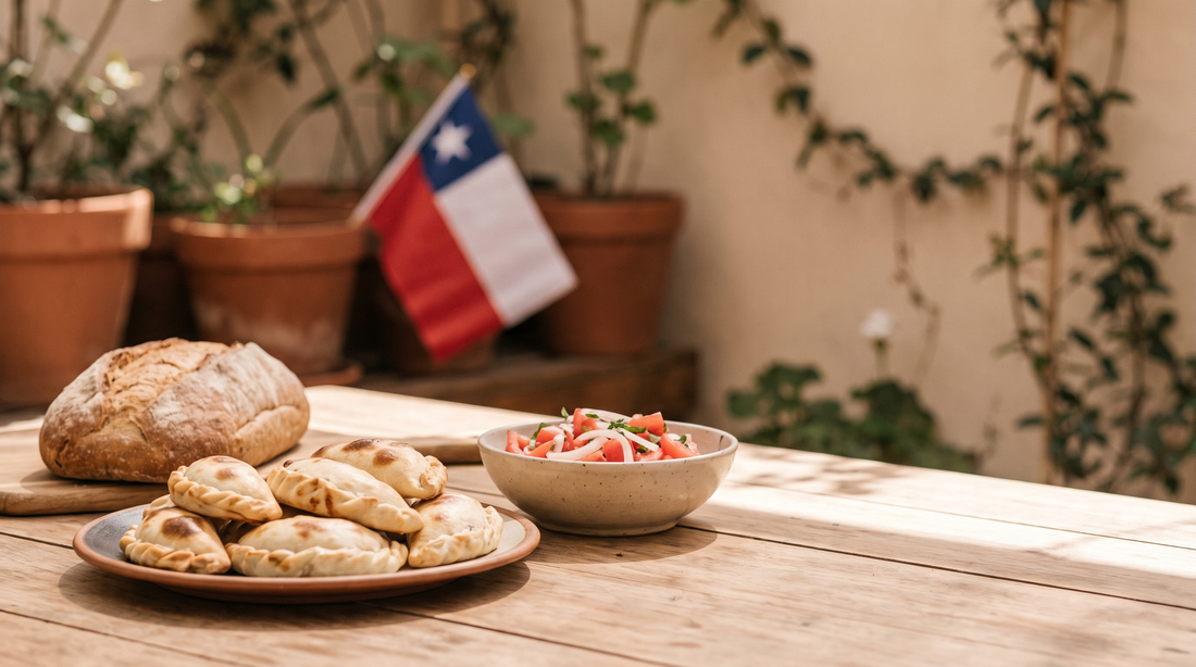 Mesa de asado chileno para Fiestas Patrias: comida típica con empanadas y ensaladas