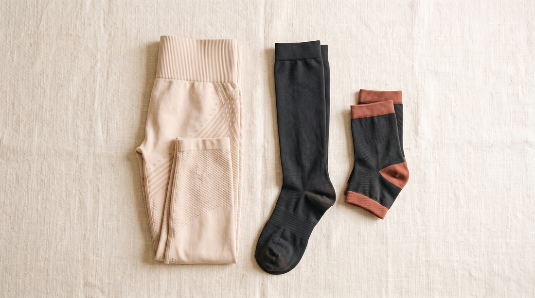 Medias de compresión para trabajar junto a calcetines y calzas sobre fondo crema