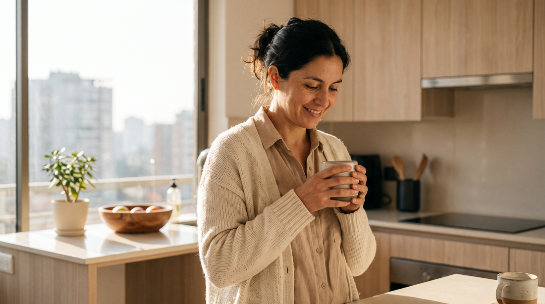 Mujer sonriendo en su cocina, artículo sobre celulitis a los 40
