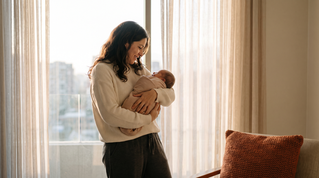 Madre con su bebé frente a la ventana, celulitis después del embarazo