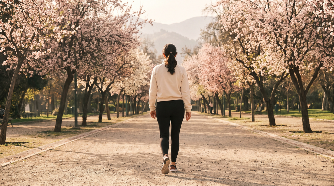 Mujer caminando entre árboles en flor, volviendo al ejercicio en primavera en Santiago