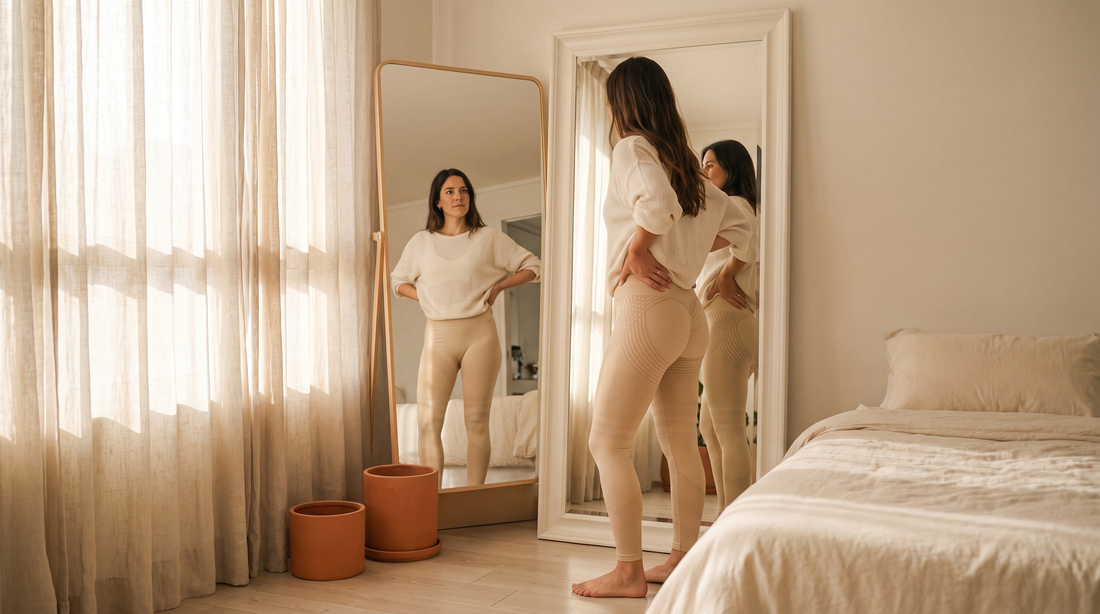 Mujer delgada mirándose al espejo con calzas, artículo sobre celulitis en mujeres delgadas