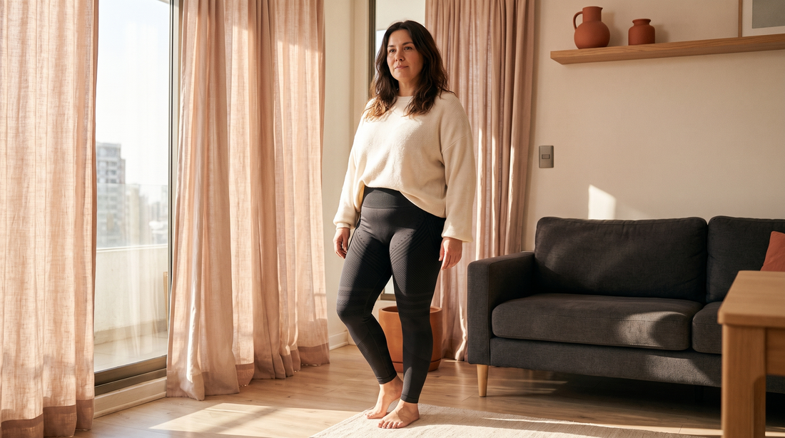 Mujer segura con calzas talla grande en Chile, luz natural en su living