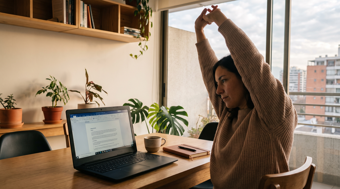 Mujer estirándose junto a su escritorio en el comedor, artículo sobre teletrabajo y sedentarismo