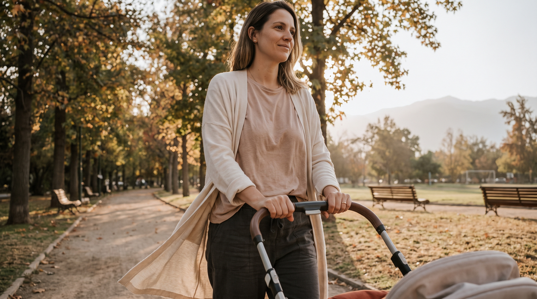Mamá caminando con el coche en un parque de Santiago, ejercicio después de cesárea