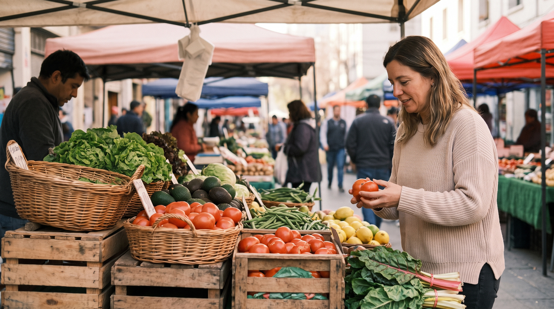 Mujer eligiendo tomates en una feria chilena, artículo sobre alimentos y celulitis